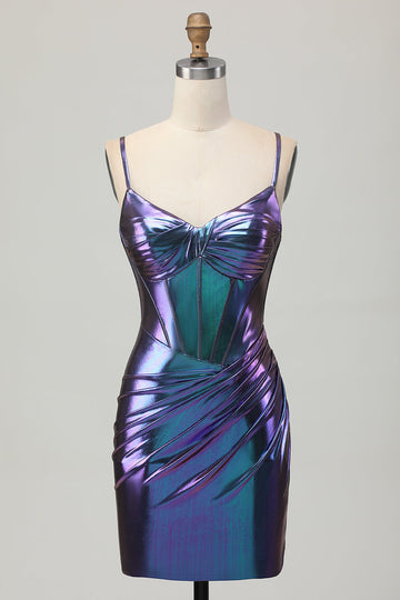 Blue Purple Bodycon Corset Ruched Metallic Homecoming Dress